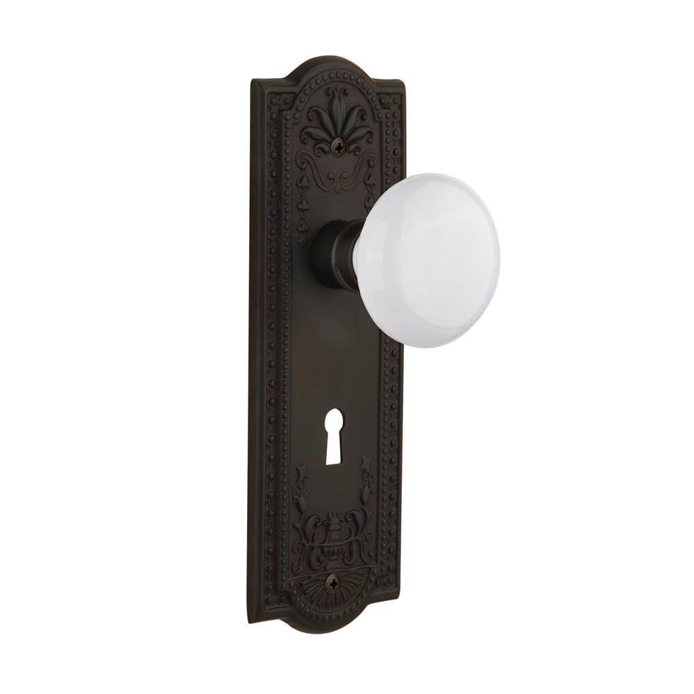 Nostalgic Warehouse 718466  Meadows Plate with Keyhole Privacy White Porcelain Door Knob in Oil-Rubbed Bronze